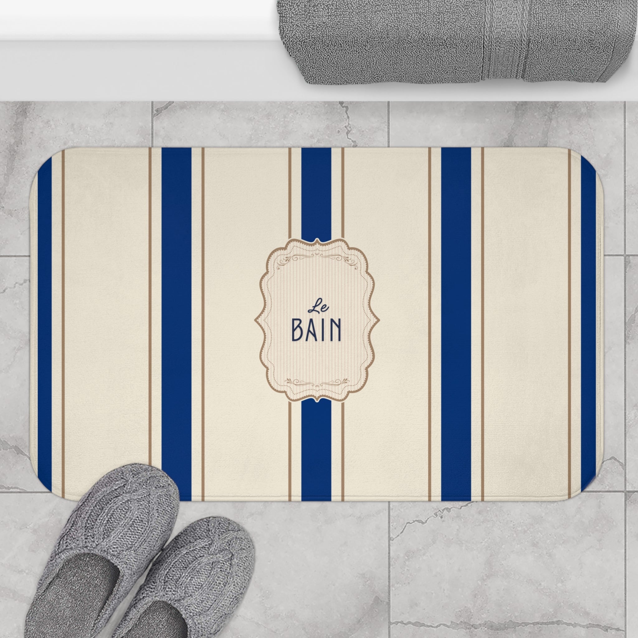 Le Bain Classic Striped Bath Mat, SEA BLUE,  French Bathroom Decor